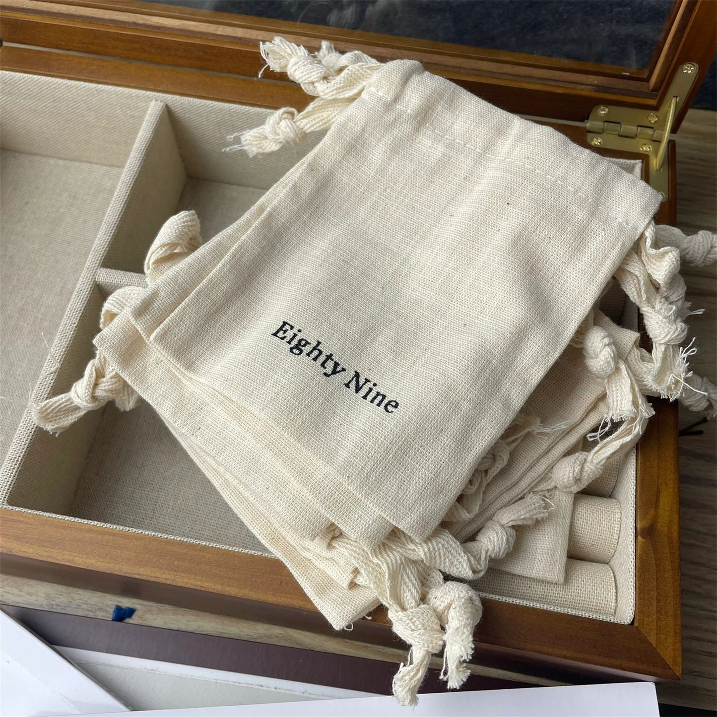 100pcs Custom Logo Natural Cotton Slub Drawstring Bags