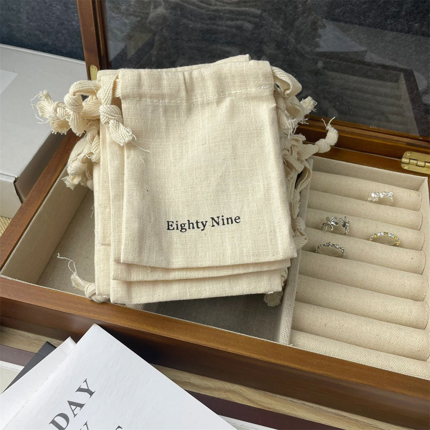 100pcs Custom Logo Natural Cotton Slub Drawstring Bags