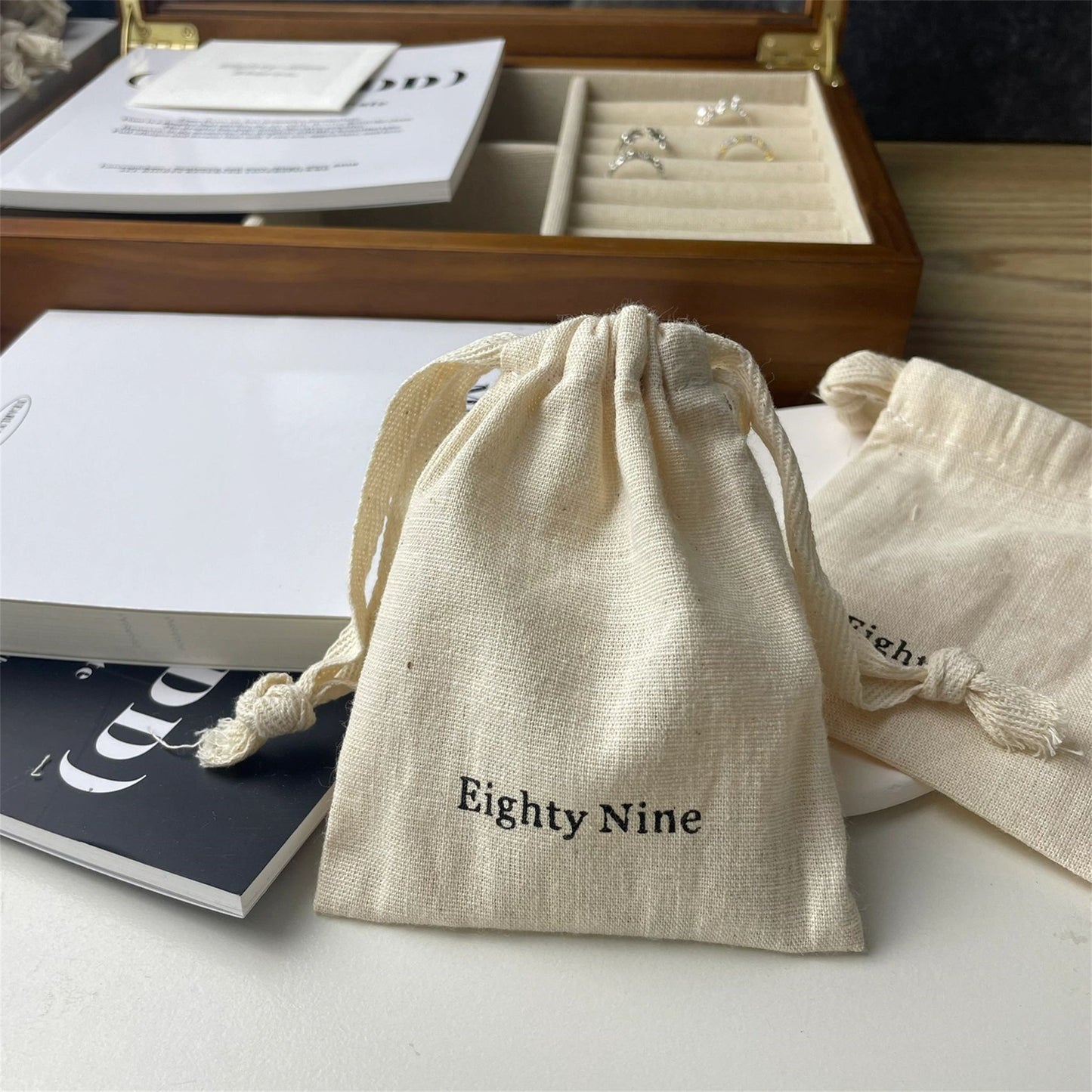 100pcs Custom Logo Natural Cotton Slub Drawstring Bags